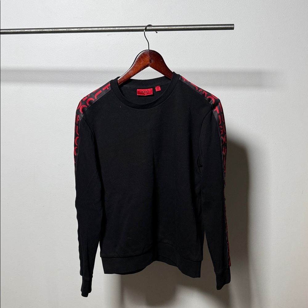 HUGO Black Crewneck Sweater with Red Accents
